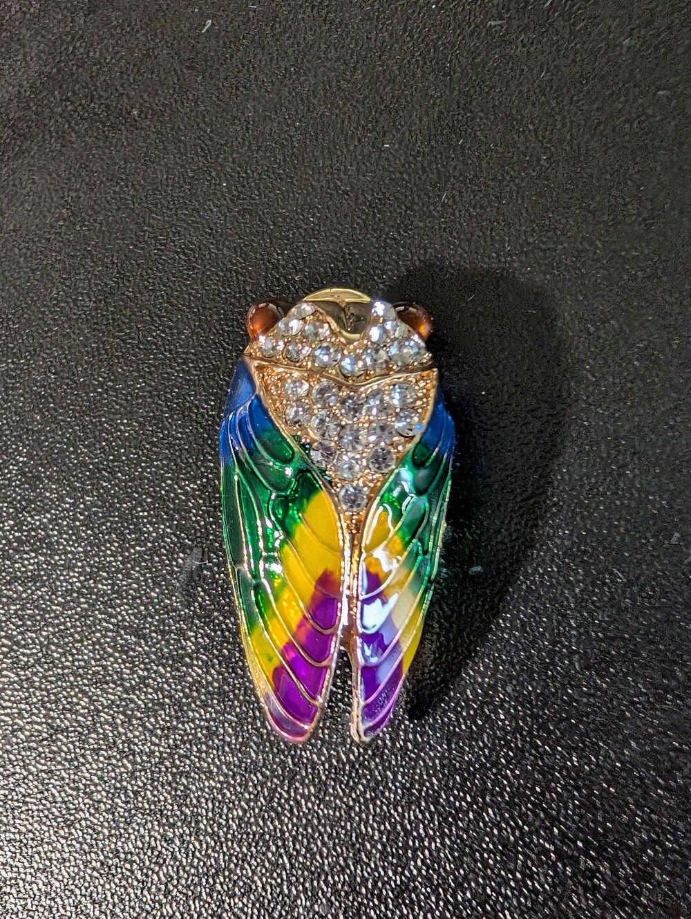 Colorful Cicada Brooch Rainbow Enamel Rhinestone Gold Tone Insect Pin